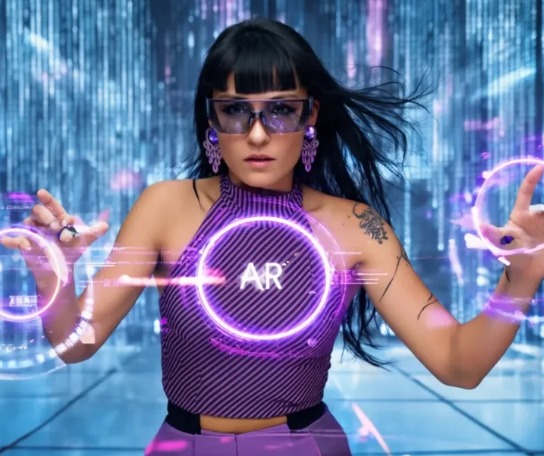 Augmented-reality concept visualisation of a person reaching towards glowing circular controls.