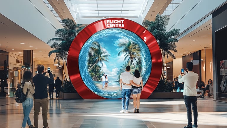 Flight Centre concept visualisation of a circular travel portal showing a tropical beach.