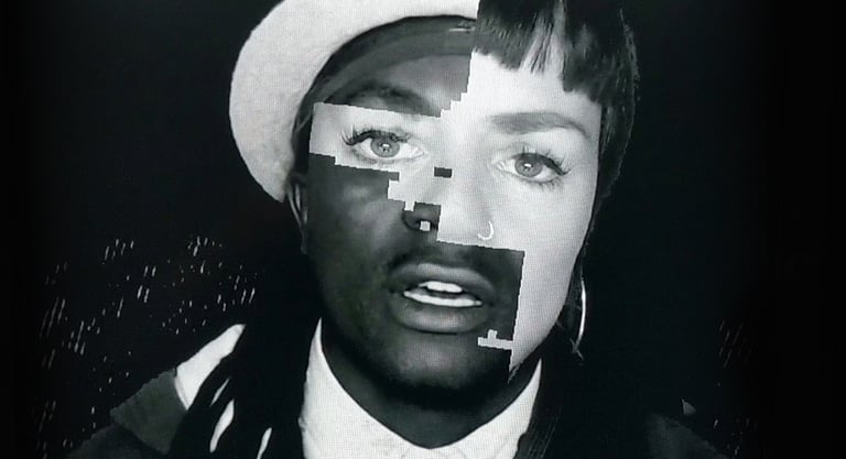 Black-and-white composite portrait with different facial features joined across overlapping panels.
