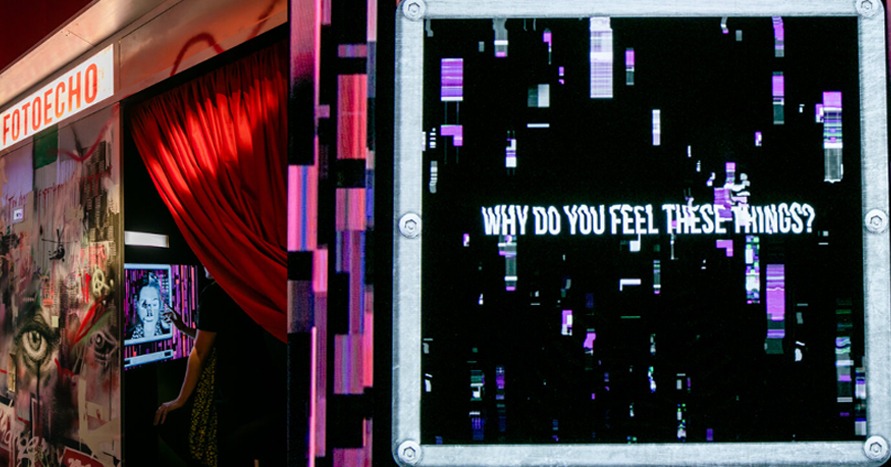 Visitor beside an interactive booth displaying the question “Why do you feel these things?”