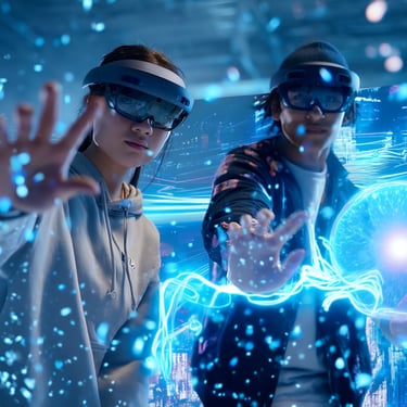 Mixed-reality concept visualisation of two headset users exploring glowing blue digital forms.