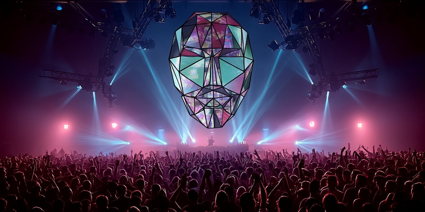 Faceted illuminated head suspended above a crowd, with blue and purple stage lighting.