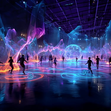 Concept visualisation of visitors exploring an immersive space with glowing blue and purple floor patterns.