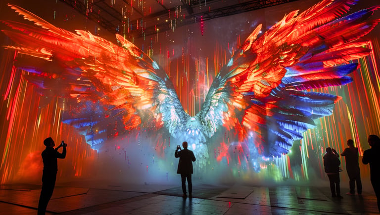 Visitors silhouetted against colourful wing-shaped projections.