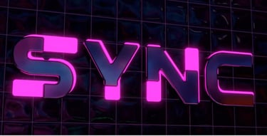 SYNC title graphic in pink lettering against a dark grid.
