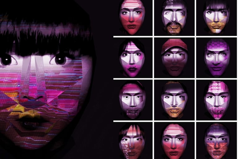 Composite animated face beside a grid of stylised digital portraits.