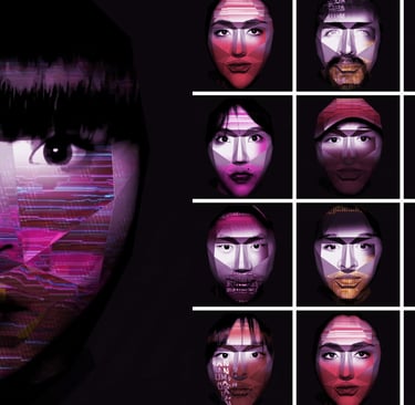 Composite animated face beside a grid of stylised digital portraits.