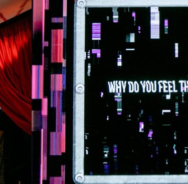 Visitor beside an interactive booth displaying the question “Why do you feel these things?”