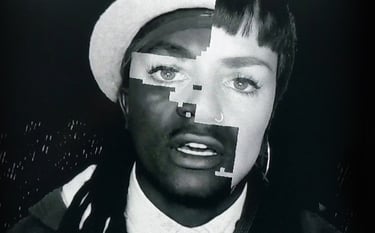 Black-and-white composite portrait with different facial features joined across overlapping panels.