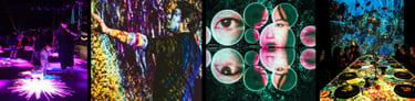 Collage of illuminated interactive installations, projected faces and colourful public artworks.