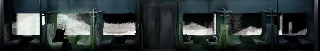 Dark theatre set with a row of illuminated rectangular scenes.