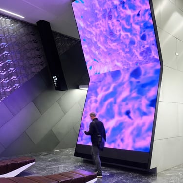 Visitor beside a tall architectural screen displaying purple and blue flowing forms.