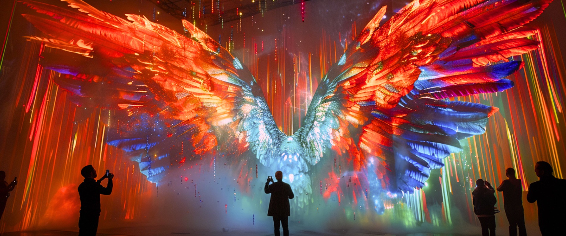 Silhouetted visitor facing colourful wing-shaped immersive projections.