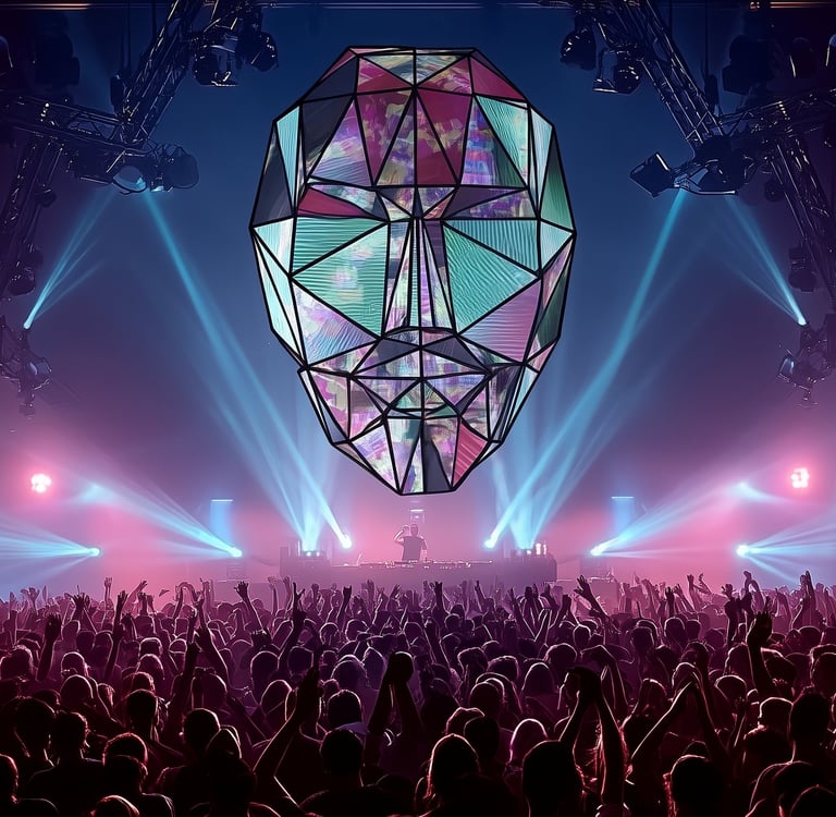 Faceted illuminated head suspended above a crowd, with blue and purple stage lighting.