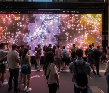 Concept visualisation of an audience watching a wall of colourful luminous particle patterns.