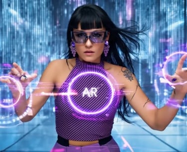 Augmented-reality concept visualisation of a person reaching towards glowing circular controls.