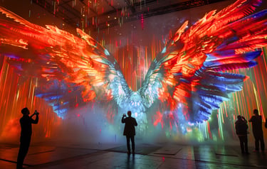 Visitors silhouetted against colourful wing-shaped projections.