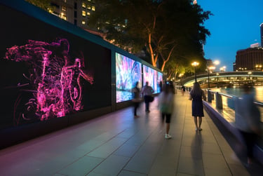 Concept visualisation of people walking beside illuminated display panels along a waterfront.
