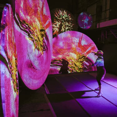 Curved sculptural screens displaying vivid pink and purple organic patterns.