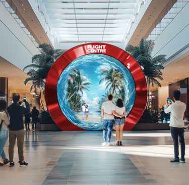 Flight Centre concept visualisation of a circular travel portal showing a tropical beach.