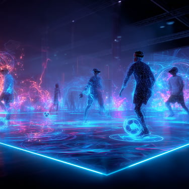 Concept visualisation of visitors playing on a glowing blue floor in an immersive digital environment.