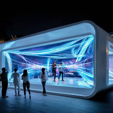 Concept visualisation of visitors beside a pavilion filled with blue light trails.