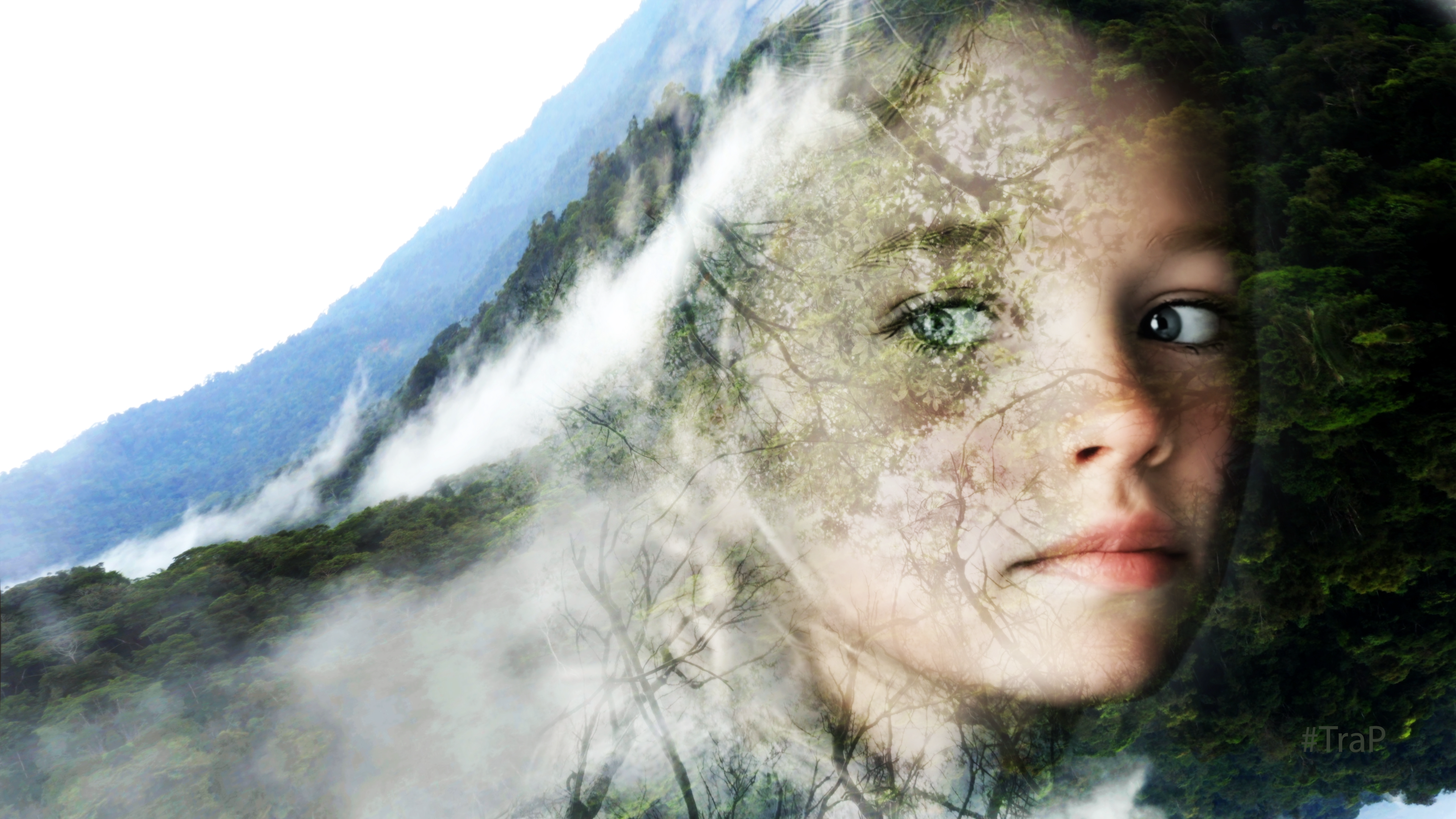 Composite portrait blending a child’s face with mountains, trees and mist.