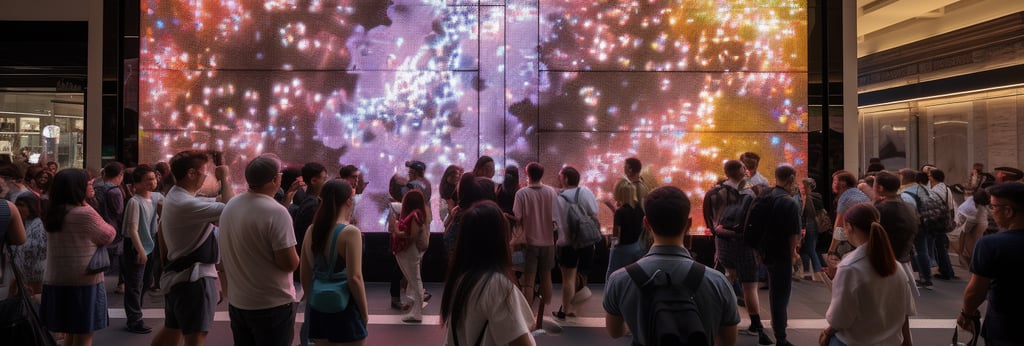 Concept visualisation of an audience watching a wall of colourful luminous particle patterns.