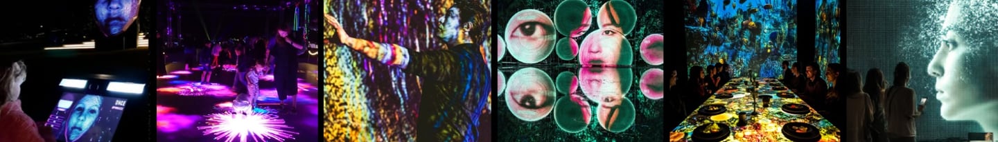 Collage of illuminated interactive installations, projected faces and colourful public artworks.