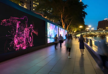 Concept visualisation of people walking beside illuminated display panels along a waterfront.